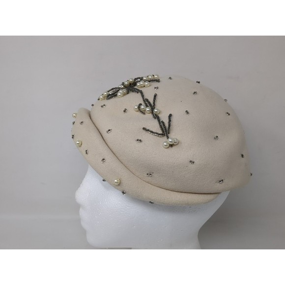 Vintage Hat 1950s Helen Hale Glenover Wool Henry Pollak Cocktail Caplet Beaded - Picture 2 of 10